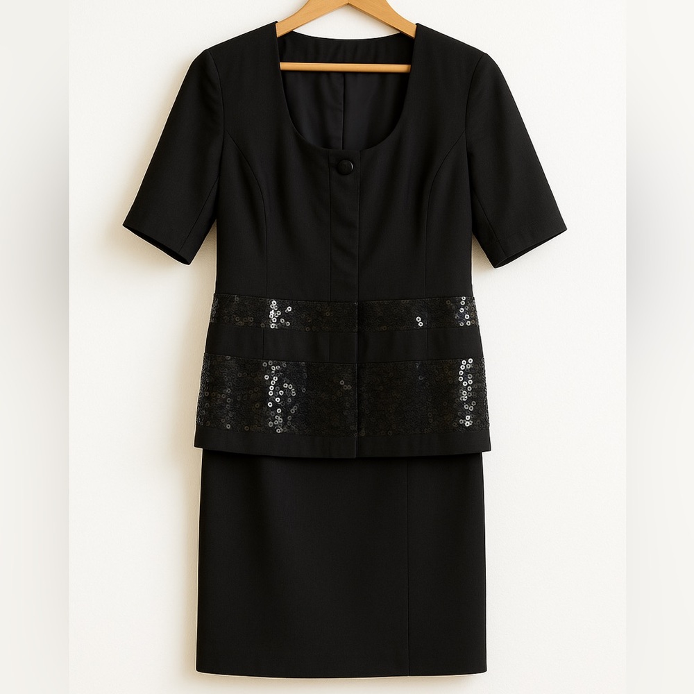 MaxMara Black Skirt Suit Italian Tailored Sequin Waist Jacket & Pencil Skirt 8